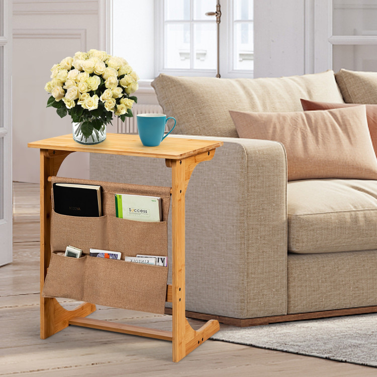 Bamboo Sofa Table End Table Bedside Table with Storage BagCostway Gallery View 2 of 10