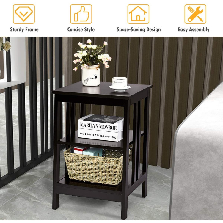 2 Pieces 3-Tier Nightstand with Reinforced Bars and Stable Structure-Dark BrownCostway Gallery View 3 of 9