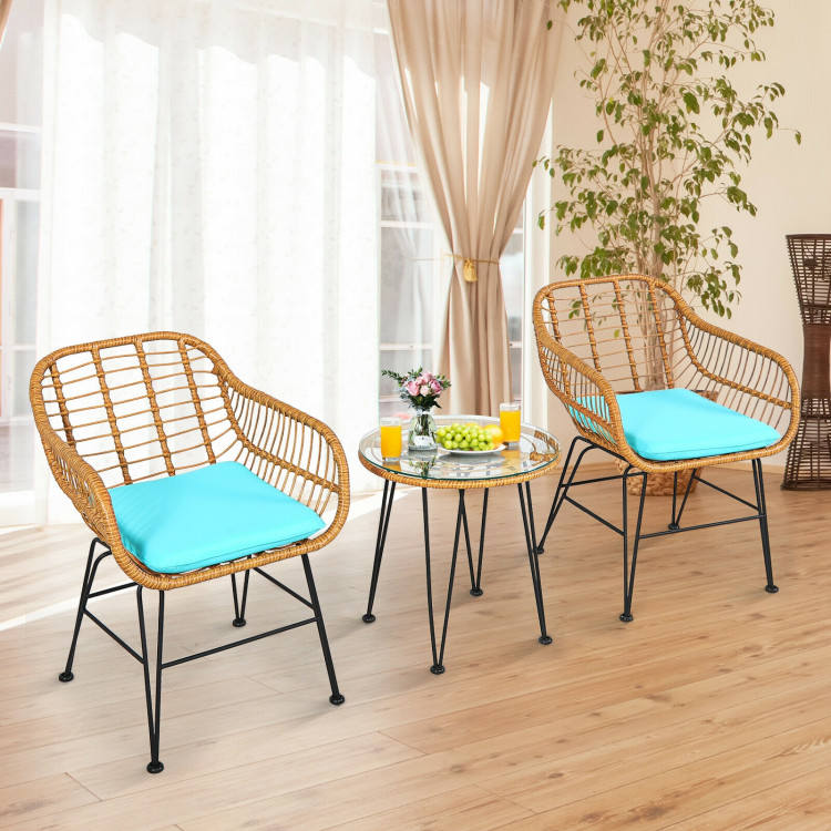 3 Pieces Rattan Furniture Set with Cushioned Chair Table-TurquoiseCostway Gallery View 7 of 11