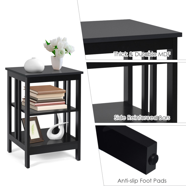 3-Tier Nightstand Sofa Side Table with Baffles and Round Corners-BlackCostway Gallery View 8 of 10