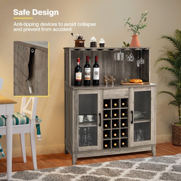Storage Bar Cabinet with Framed Tempered Glass Door-GrayCostway Gallery View 8 of 10