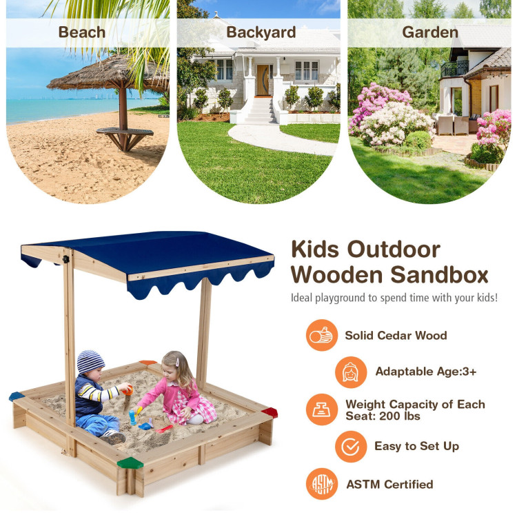 Kids Wooden Sandbox with Height Adjustable and Rotatable Canopy Outdoor PlaysetCostway Gallery View 11 of 12
