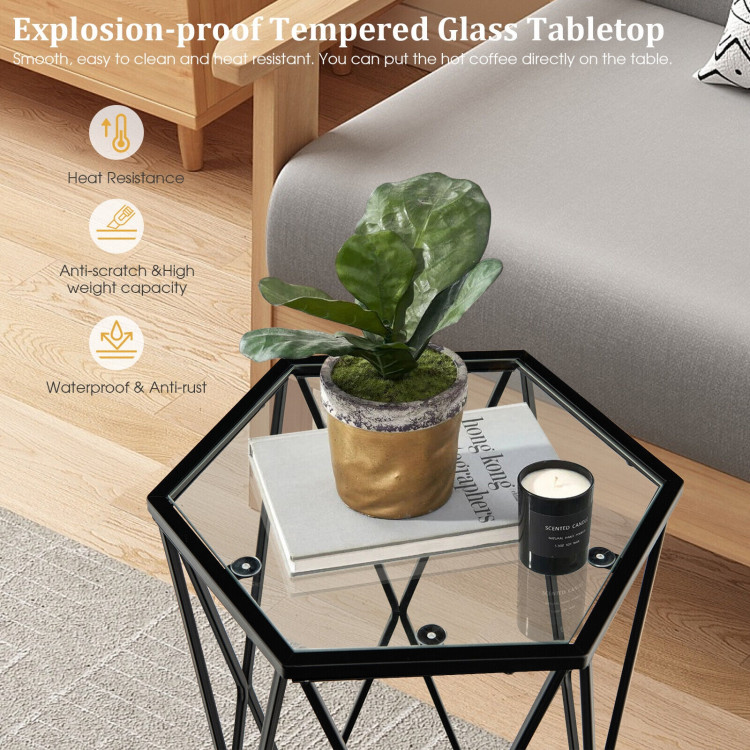 Hexagonal Accent End Table with Tempered Glass Top and Metal FrameCostway Gallery View 3 of 10
