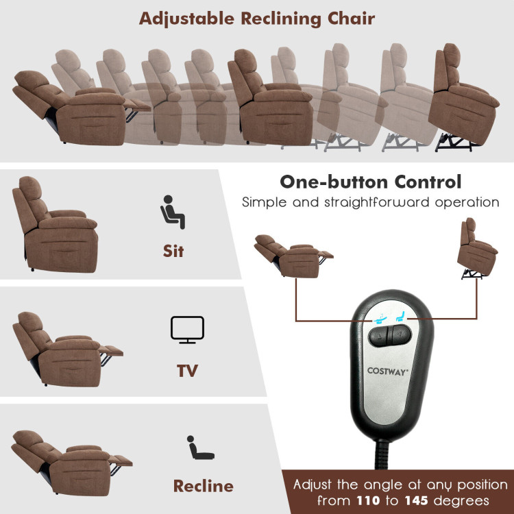 Power Lift Recliner Sofa with Side Pocket and Remote Control-BrownCostway Gallery View 12 of 12