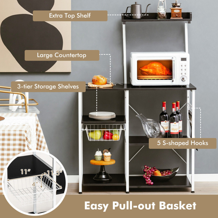 4-tier Kitchen Baker's Rack with Basket and 5 Hooks-BlackCostway Gallery View 2 of 10