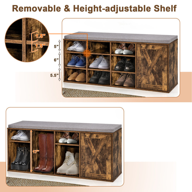 9-cube Adjustable Storage Shoe Bench with Padded Cushion-Rustic BrownCostway Gallery View 9 of 10
