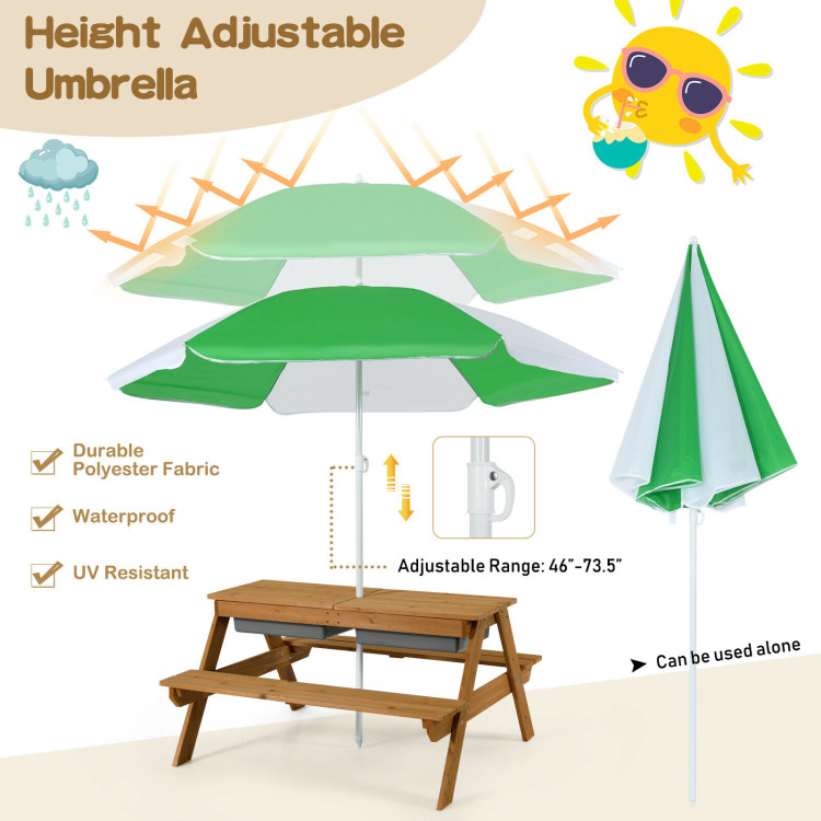 3-in-1 Kids Outdoor Picnic Water Sand Table with Umbrella Play BoxesCostway Gallery View 5 of 11