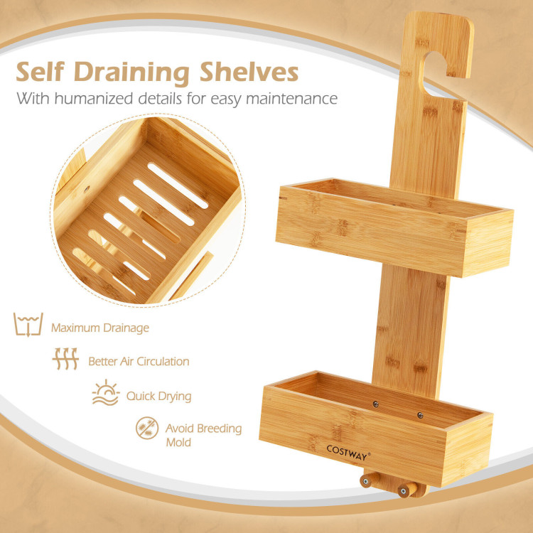 2-Tier Bamboo Hanging Shower Caddy Bathroom Shelf with 2 Hooks-NaturalCostway Gallery View 9 of 10