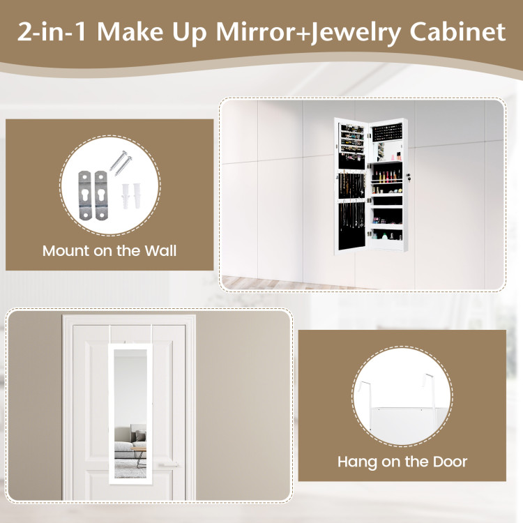 Lockable Wall Door Mounted Mirror Jewelry Cabinet w/LED Lights-WhiteCostway Gallery View 8 of 9