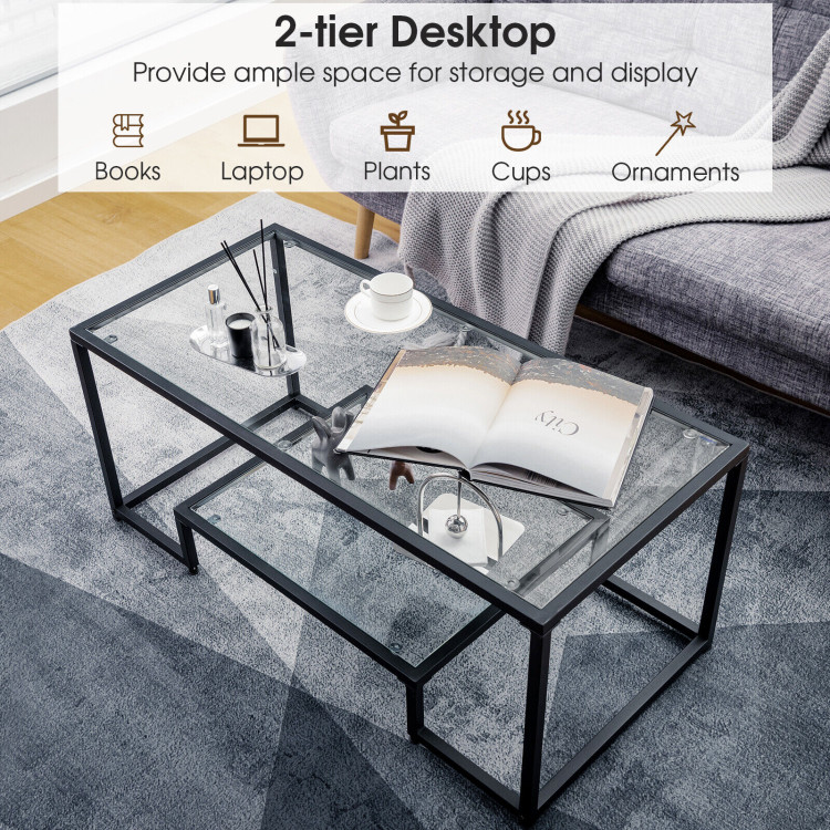 Modern Rectangular Coffee Table with Glass Table Top-BlackCostway Gallery View 3 of 10