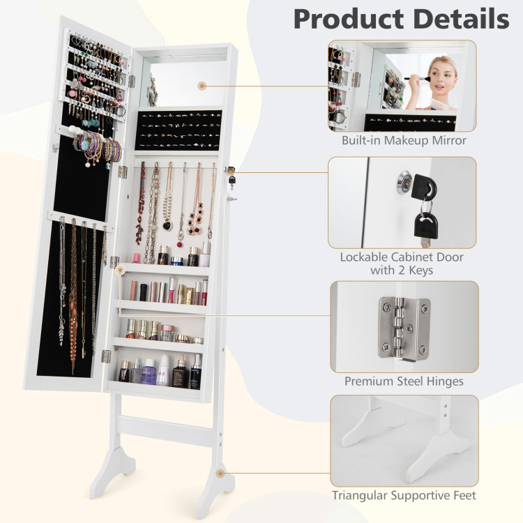 Adjustable Standing Jewelry Cabinet with Full Length Mirror-White - Gallery View 11 of 11