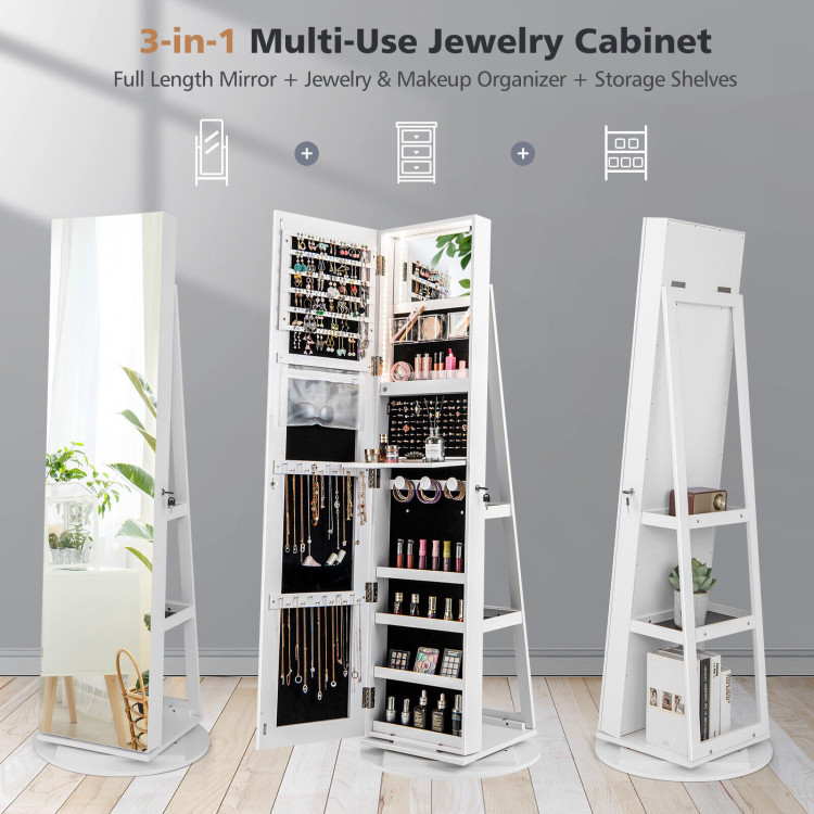 360° Rotating Mirrored Jewelry Cabinet Armoire 3 Color LED Modes Lockable-WhiteCostway Gallery View 2 of 10