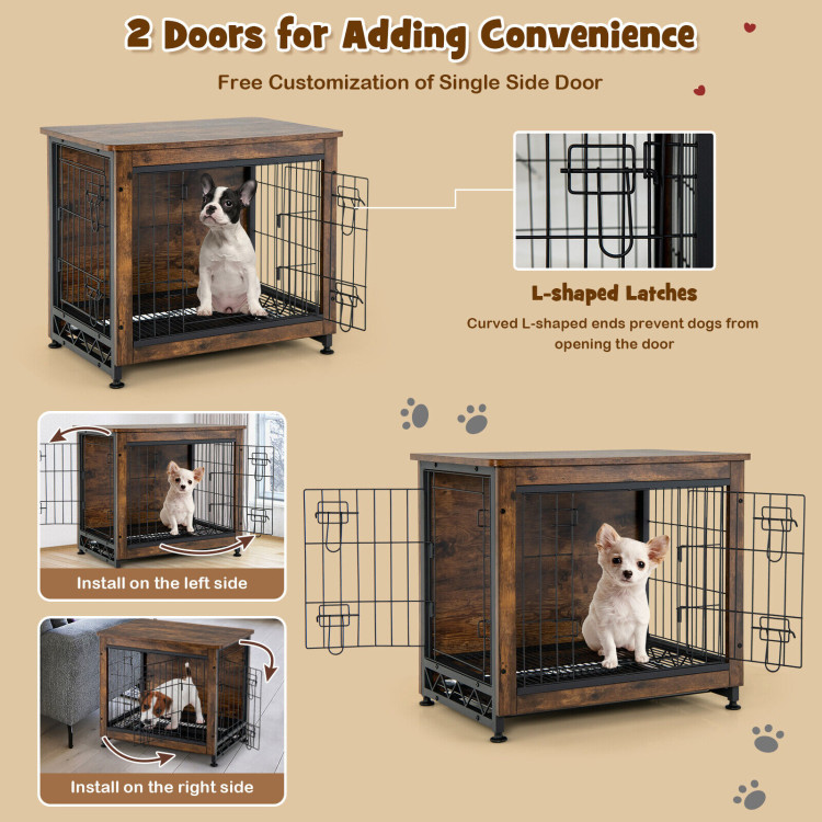 Wooden Dog Crate Furniture with Tray and Double Door-BrownCostway Gallery View 10 of 11