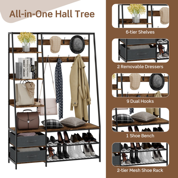6-in-1 Freestanding Hall Tree Coat Rack with Bench and Fabric Dressers-Rustic BrownCostway Gallery View 5 of 9