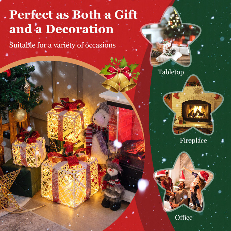 Set of 3 Christmas Lighted Gift Boxes Decorations with Red BowknotsCostway Gallery View 10 of 11