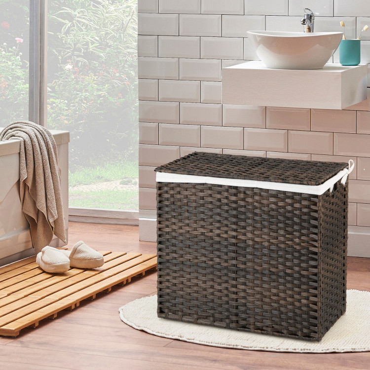 10L 3-Section Laundry Hamper with Liner Bag and Handle-BrownCostway Gallery View 6 of 10