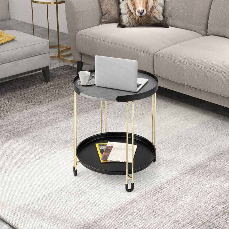 2-Tier Round Side Table with Removable Tray and Metal Frame for Small Space-GoldenCostway Gallery View 7 of 10