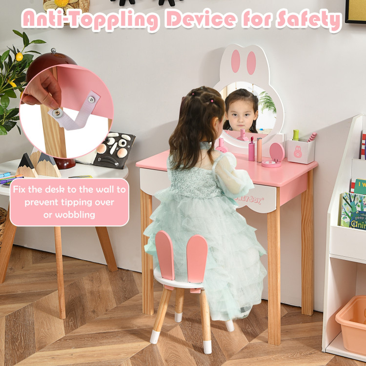 Kids Vanity Set Rabbit Makeup Dressing Table Chair Set with Mirror and Drawer-PinkCostway Gallery View 3 of 12