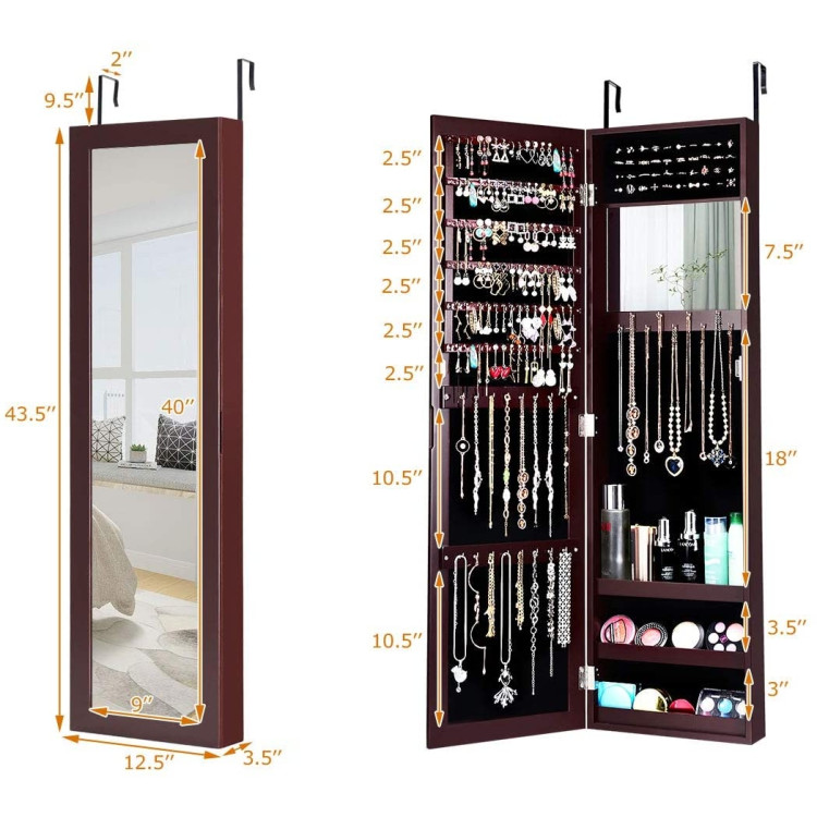 Full Length Mirror Jewelry Cabinet with Ring Slots and Necklace Hooks-Dark BrownCostway Gallery View 4 of 12