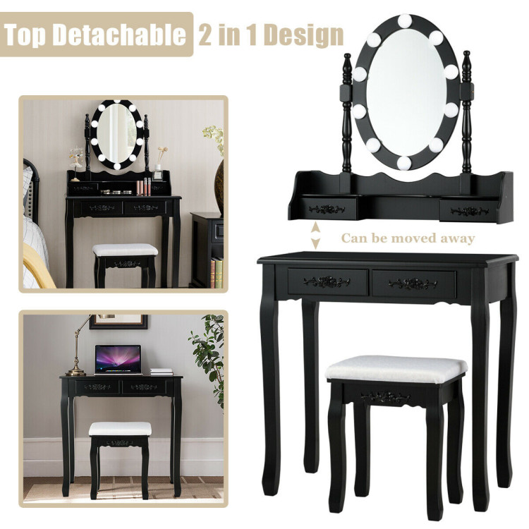 Makeup Dressing Table with Touch Switch Lighted Mirror and Cushioned Stool-BlackCostway Gallery View 7 of 12