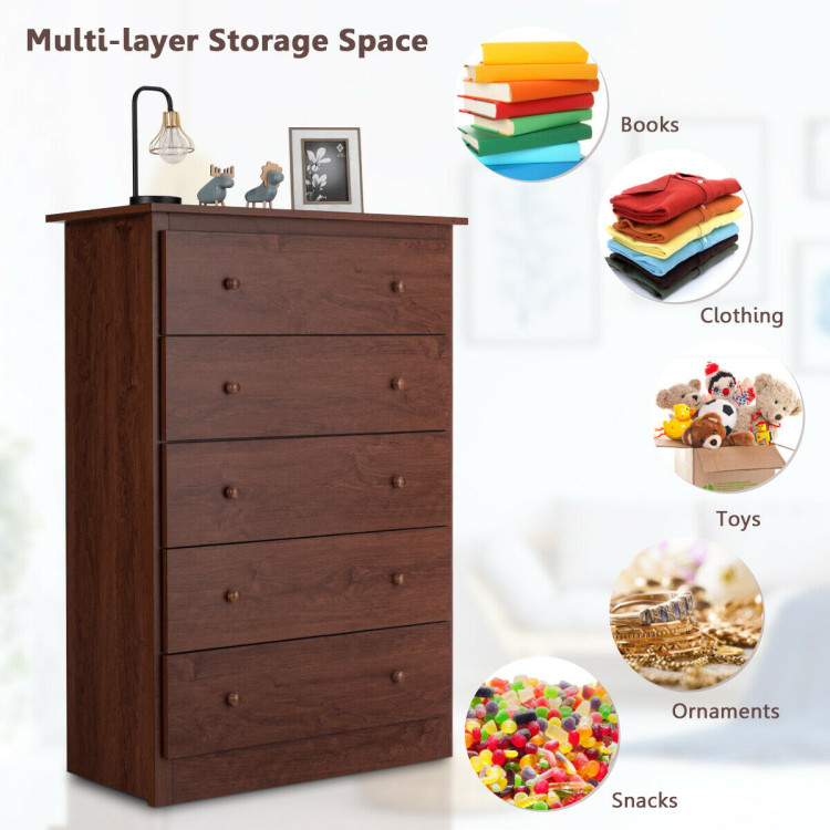 Functional Storage Organized Dresser with 5 Drawer-BrownCostway Gallery View 5 of 12
