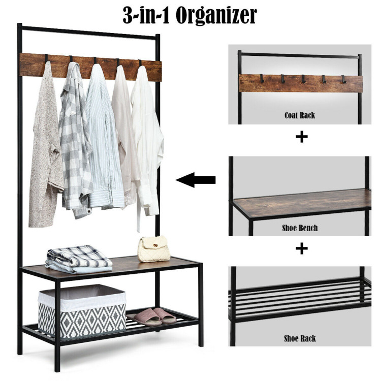 3-in-1 Industrial Coat Rack with 2-tier Storage Bench and 5 Hooks-BrownCostway Gallery View 10 of 10