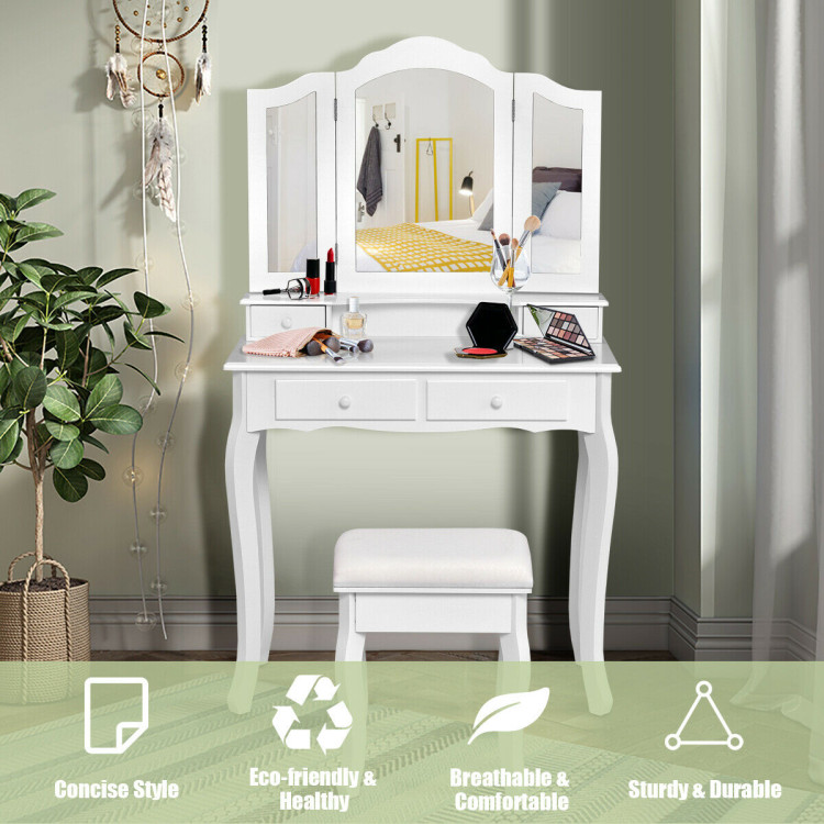 4 Drawers Wood Mirrored Vanity Dressing Table with Stool-WhiteCostway Gallery View 7 of 12