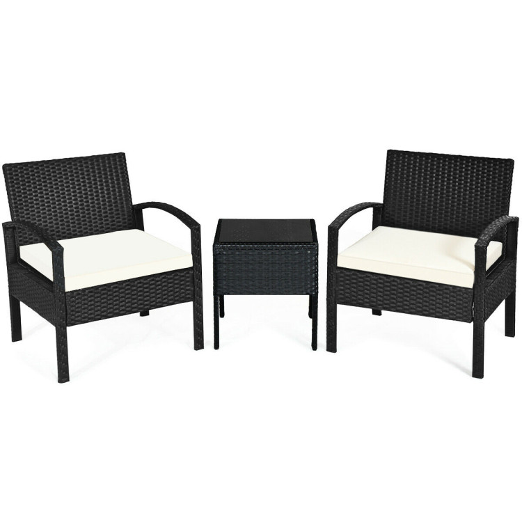 3 Pieces Outdoor Rattan Patio Conversation Set with Seat Cushions-WhiteCostway Gallery View 1 of 12