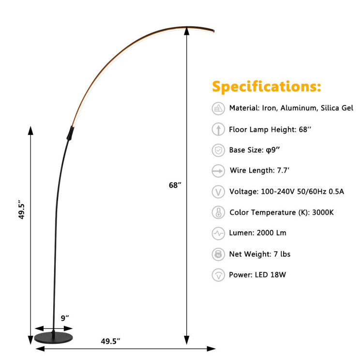 LED Arc Floor Lamp with 3 Brightness Levels-BlackCostway Gallery View 8 of 11