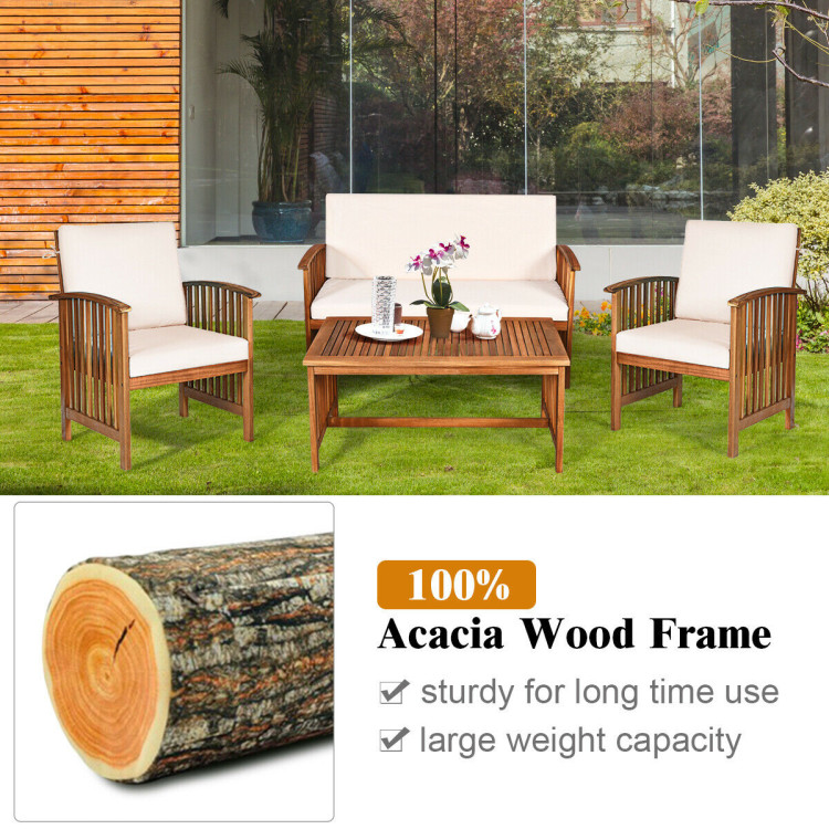 4 Pieces Patio Solid Wood Furniture Set-Beige - Gallery View 7 of 11