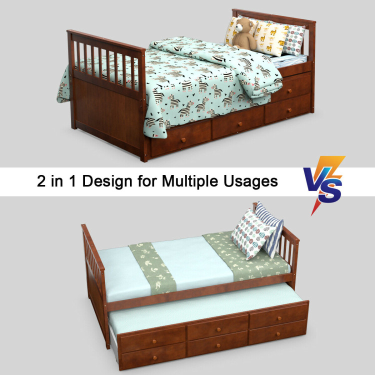 Twin Captain’s Bed with Trundle and 3 Storage Drawers-WalnutCostway Gallery View 12 of 12