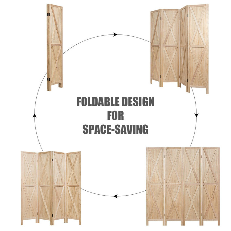 5.6 Ft 4 Panels Folding Wooden Room Divider-NaturalCostway Gallery View 5 of 12