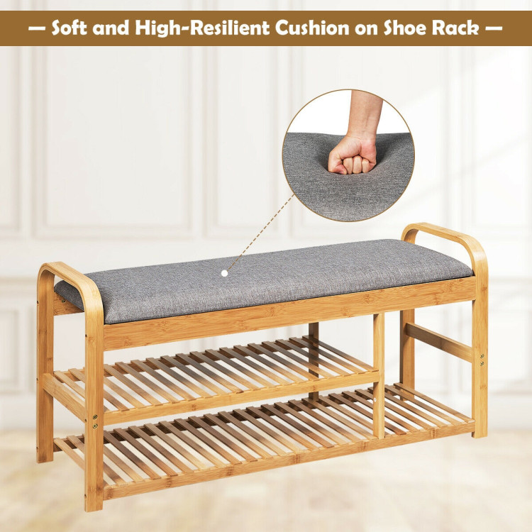 3-Tier Bamboo Shoe Rack Bench with Cushion-NaturalCostway Gallery View 11 of 12