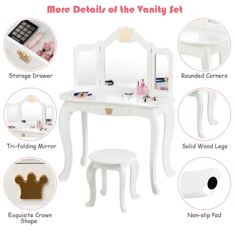 Kids Makeup Dressing Table with Tri-folding Mirror and Stool-WhiteCostway Gallery View 12 of 12