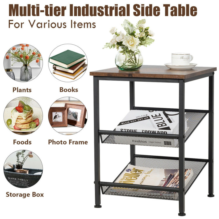 3-Tier Industrial End Table with Mesh Shelves and Adjustable ShelvesCostway Gallery View 5 of 12