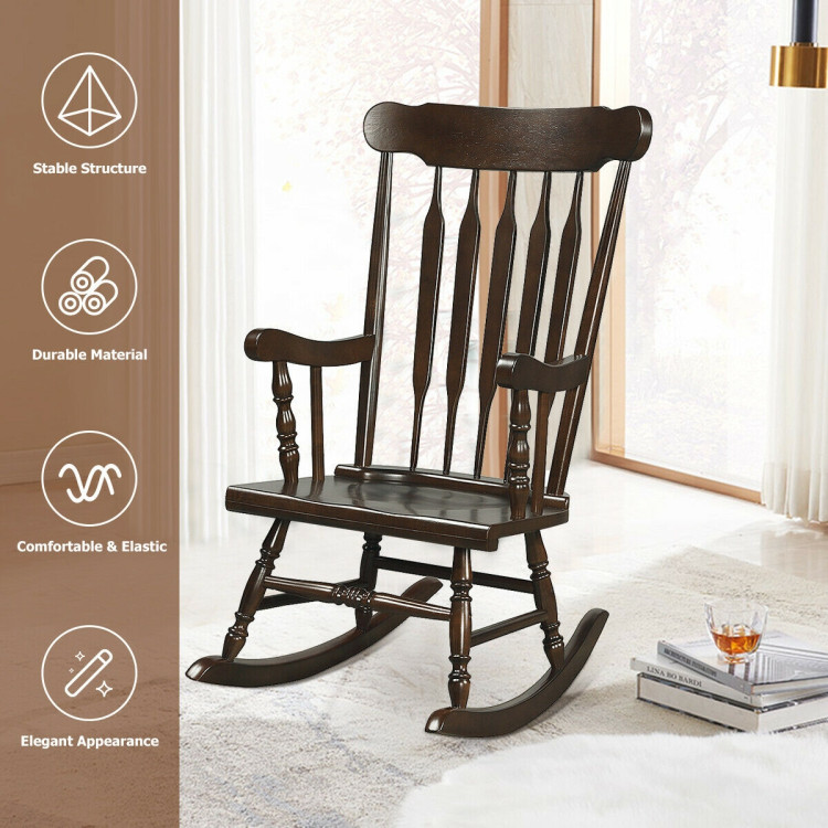 Rocking Chair with Solid Wooden Frame for Garden and Patio-BrownCostway Gallery View 3 of 12