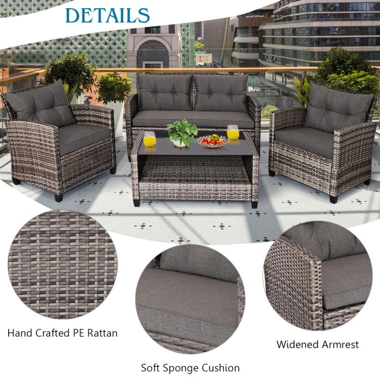 4 Pieces Patio Rattan Furniture Set Coffee Table Cushioned SofaCostway Gallery View 9 of 12