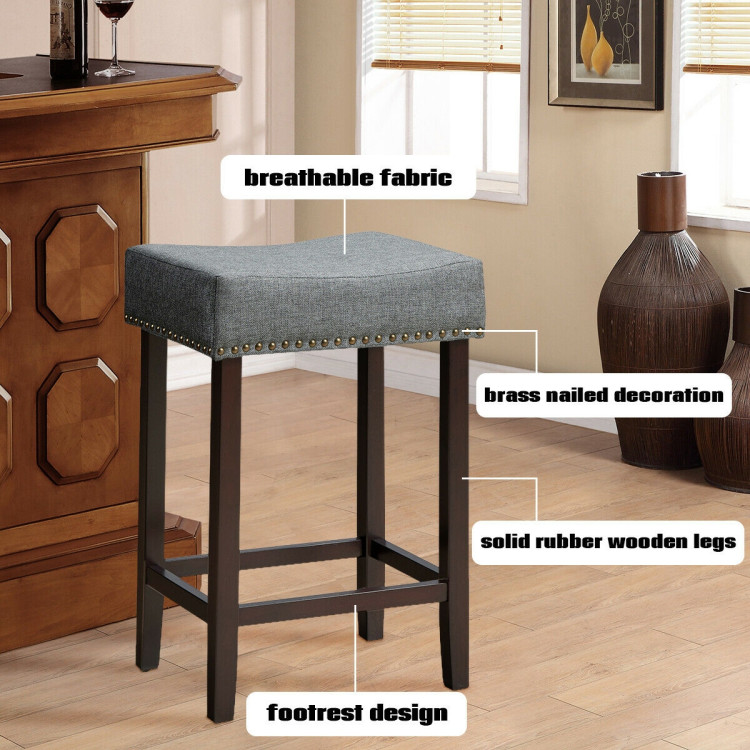 2 Pieces Nailhead Saddle Bar Stools with Fabric Seat and Wood Legs-GrayCostway Gallery View 12 of 12