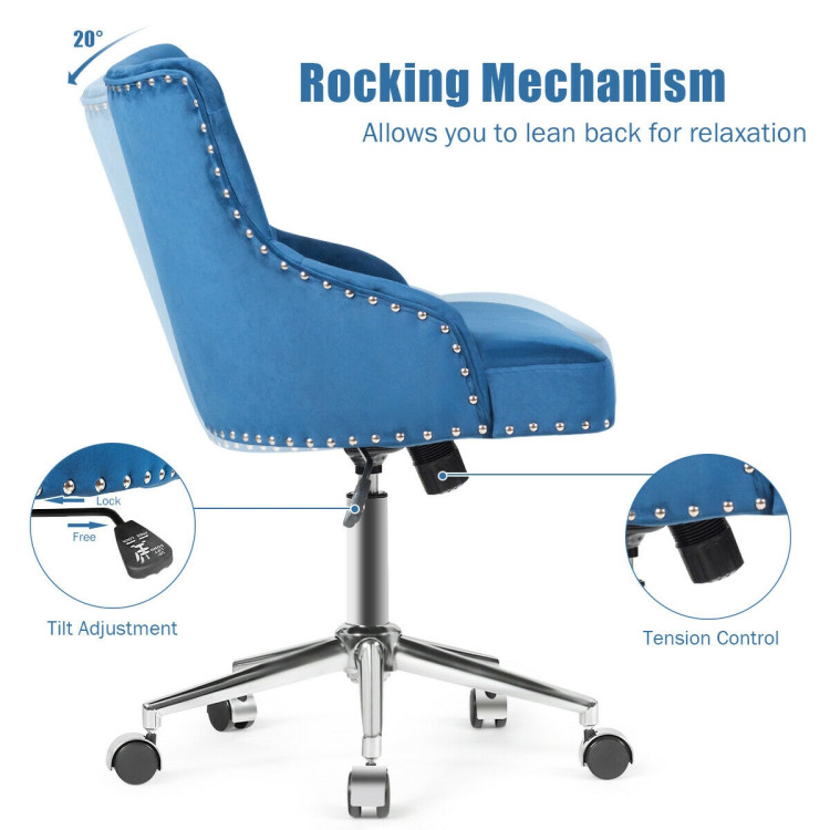 Tufted Upholstered Swivel Computer Desk Chair with Nailed Tri-BlueCostway Gallery View 10 of 10
