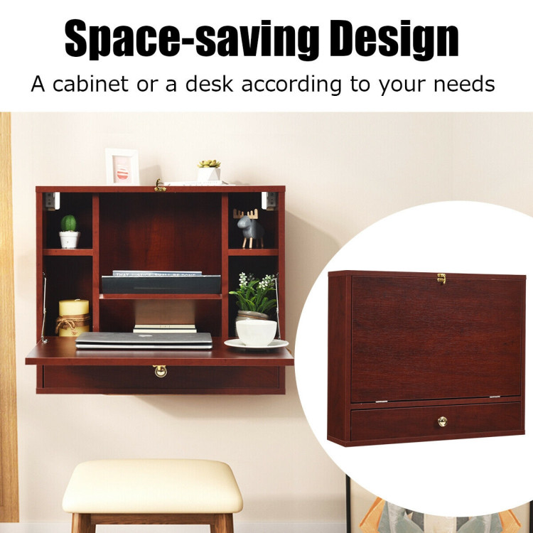 Wall Mounted Folding Laptop Desk Hideaway Storage with Drawer-BrownCostway Gallery View 3 of 10