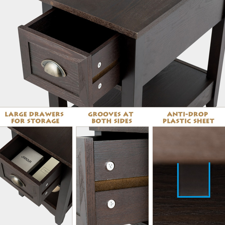 2 Pieces Retro Narrow Tiered End Table with Drawer and Storing Shelf-BrownCostway Gallery View 10 of 10