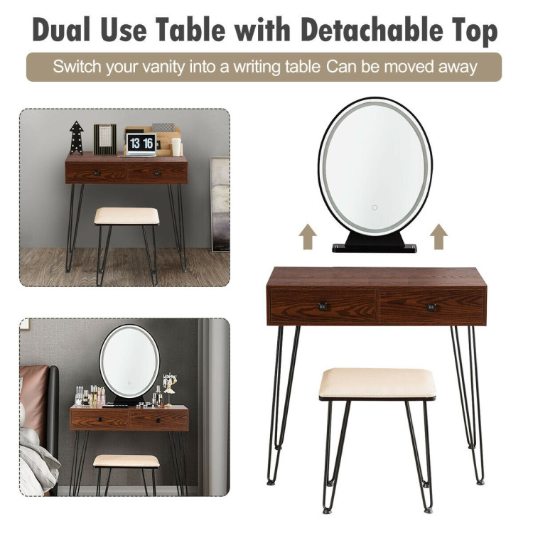 Industrial Makeup Dressing Table with 3 Lighting Modes-WalnutCostway Gallery View 10 of 13