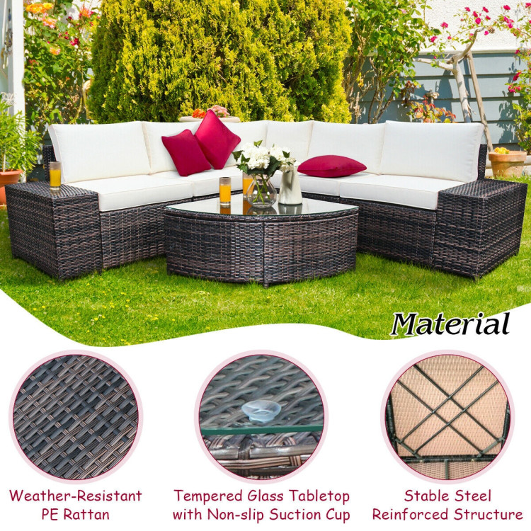 6 Piece Wicker Patio Sectional Sofa Set with Tempered Glass Coffee Table-WhiteCostway Gallery View 2 of 12