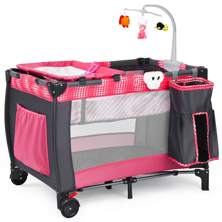 Foldable Travel Baby Crib Playpen Infant Bassinet Bed with Carry Bag-PinkCostway Gallery View 1 of 8