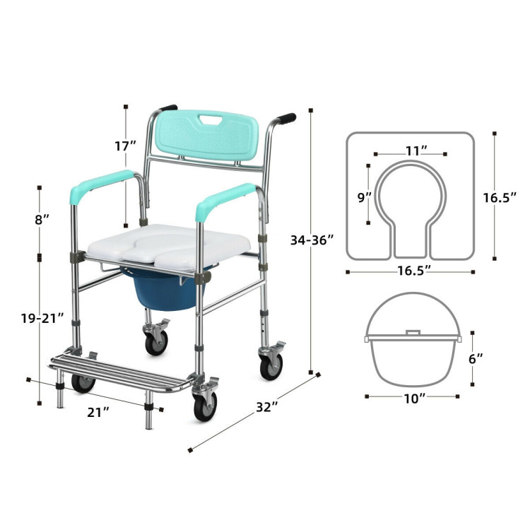 Aluminum Medical Transport Commode Wheelchair Shower Chair-TurquoiseCostway Gallery View 4 of 11