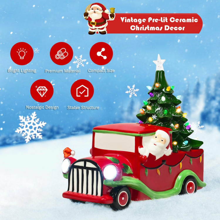 Pre-Lit Vintage Tabletop Ceramic Christmas Tree Truck with BatteryCostway Gallery View 8 of 11