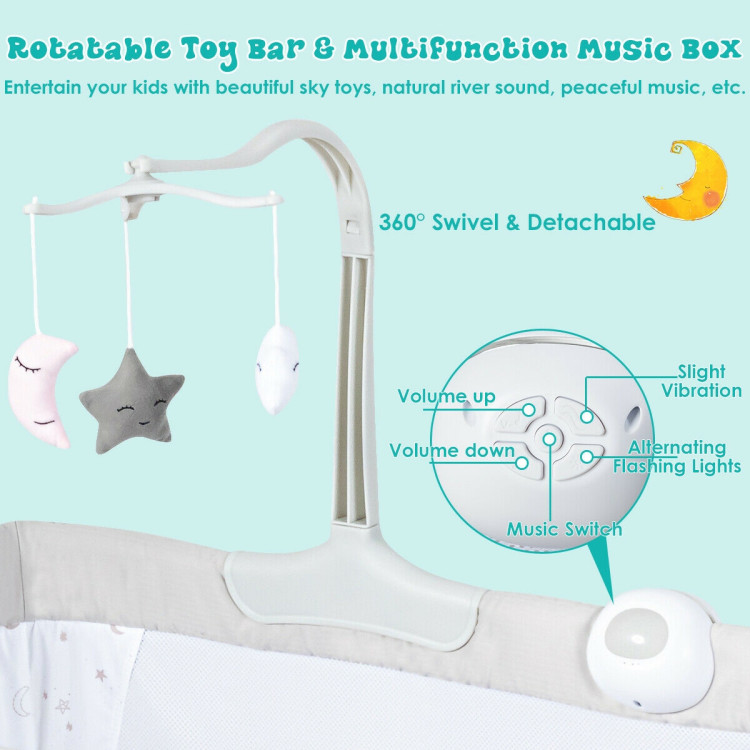 Height Adjustable Baby Side Crib  with Music Box & Toys-Light GrayCostway Gallery View 10 of 10