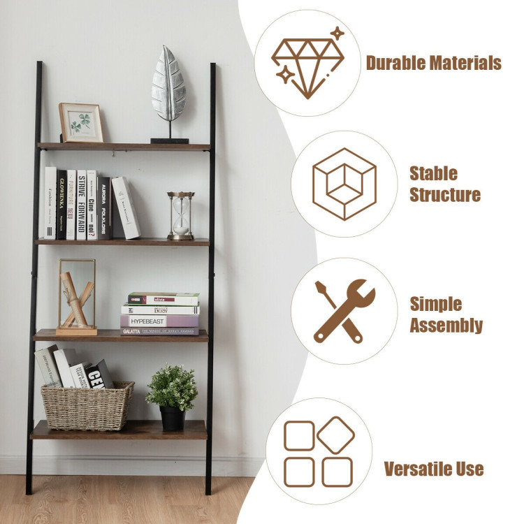 Multipurpose 4-Tier Industrial Leaning Wall Bookcase with Metal Frame-BrownCostway Gallery View 10 of 12