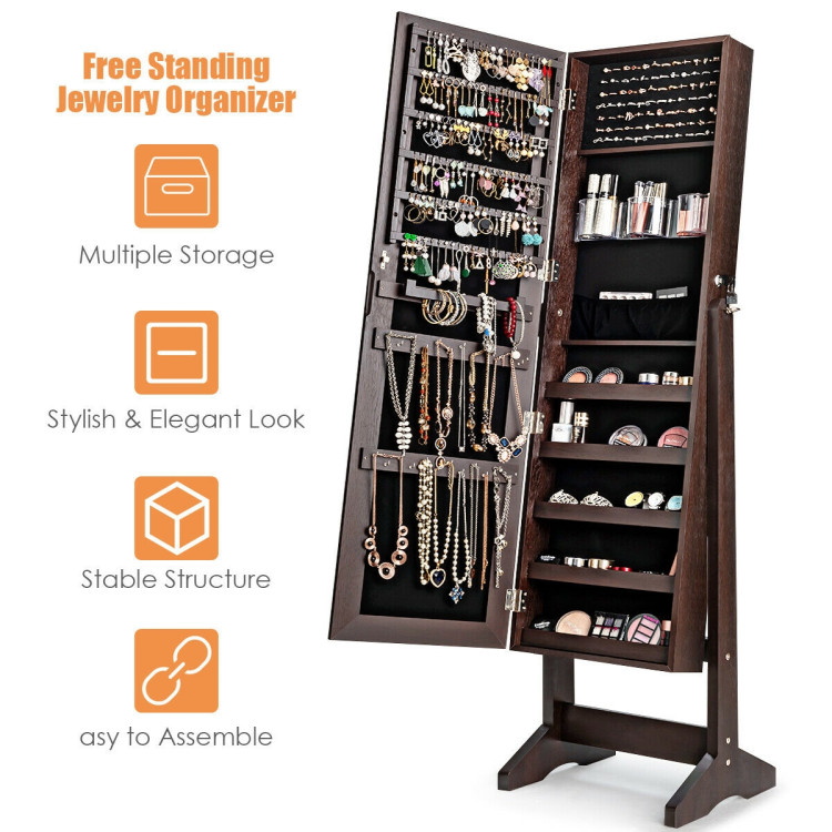 Standing Jewelry Armoire Cabinet with Full Length Mirror-BrownCostway Gallery View 9 of 11