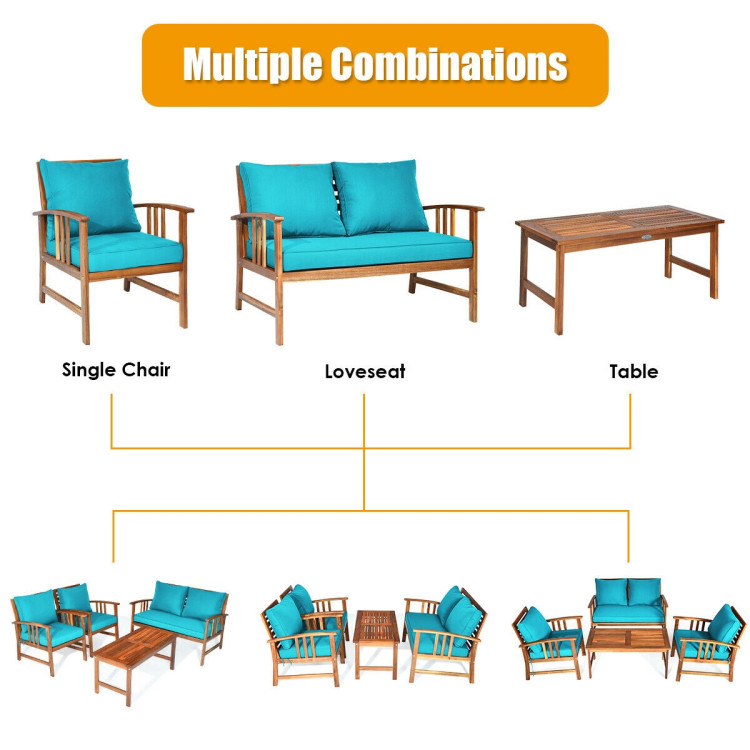 4 Pieces Wooden Patio Furniture Set Table Sofa Chair Cushioned GardenCostway Gallery View 2 of 10